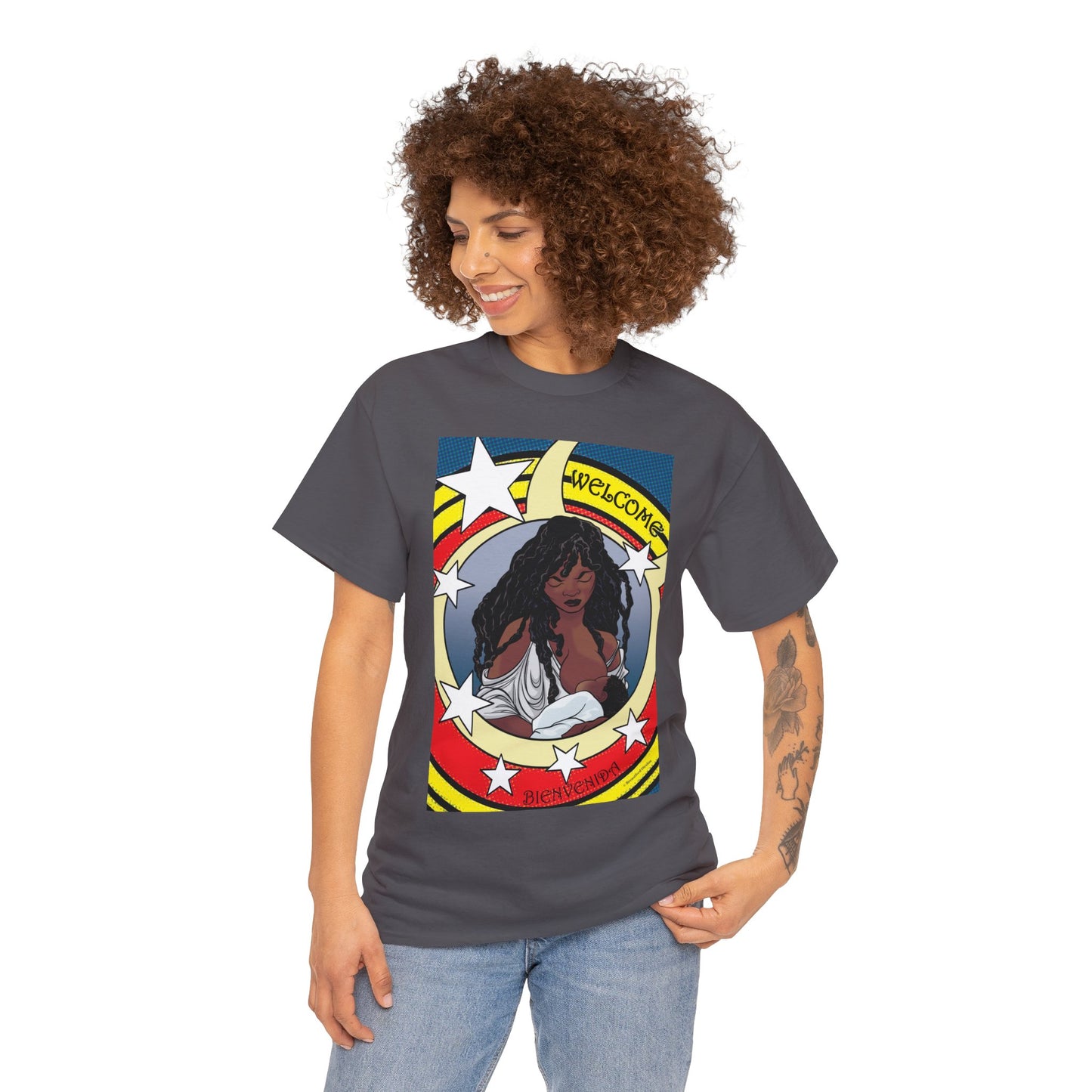 Welcome 3 (front) and Welcome 7(back) - T-shirt (back off shirt 'Breastfeeding Communities')